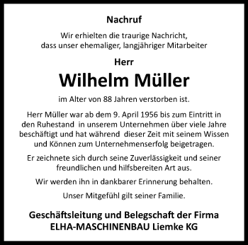 Traueranzeige von Wilhelm Müller von Westfalen Blatt