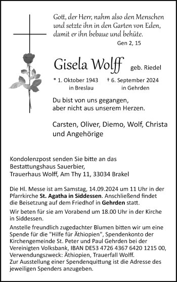 Traueranzeige von Gisela Wolff von Westfalen Blatt