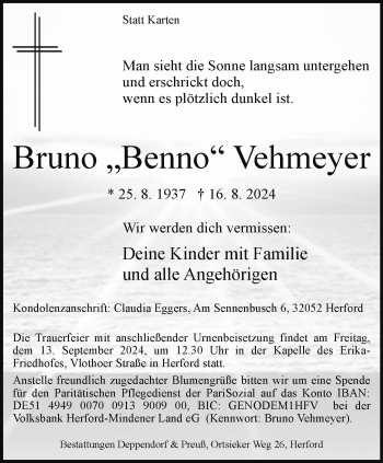 Traueranzeige von Bruno Vehmeyer von Westfalen Blatt