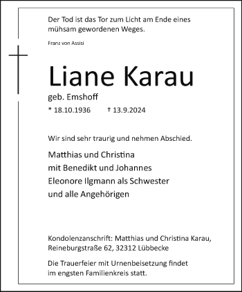 Traueranzeige von Liane Karau von Westfalen Blatt