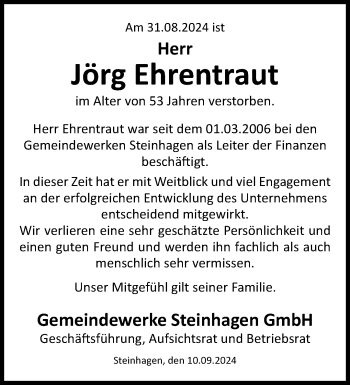 Traueranzeige von Jörg Ehrentraut von Westfalen Blatt