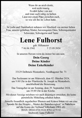 Traueranzeige von Lene Fulhorst von Westfalen Blatt