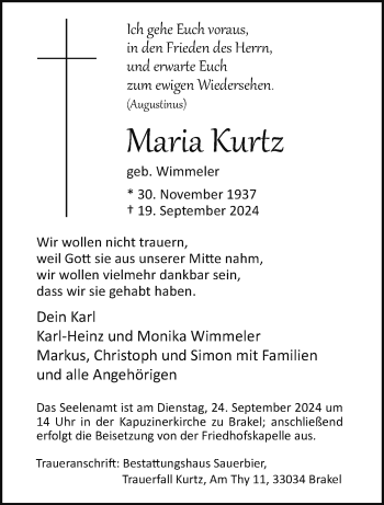 Traueranzeige von Maria Kurtz von Westfalen Blatt