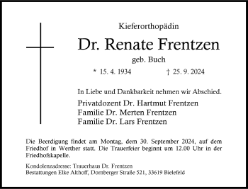 Traueranzeige von Dr. Renate Frentzen von Westfalen Blatt