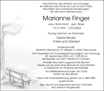 Traueranzeige von Marianne Finger von Westfalen Blatt