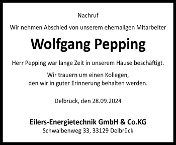 Traueranzeige von Wolfgang Pepping von Westfalen Blatt