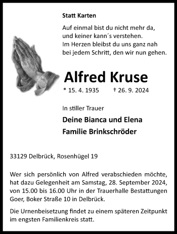 Traueranzeige von Alfred Kruse von Westfalen Blatt