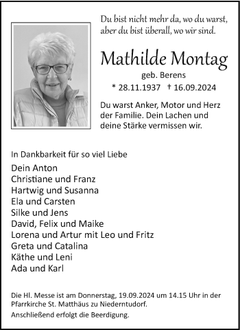 Traueranzeige von Mathilde Montag von Westfalen Blatt