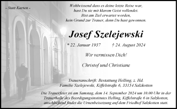 Traueranzeige von Josef Szelejewski von Westfalen Blatt