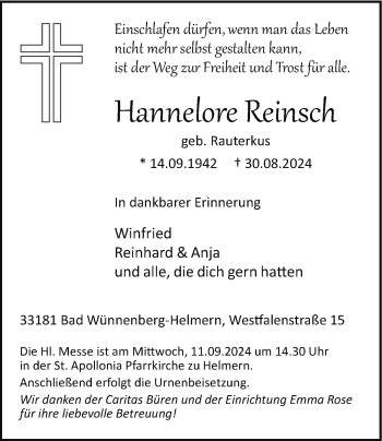 Traueranzeige von Hannelore Reinsch von Westfalen Blatt