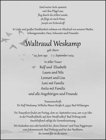 Traueranzeige von Waltraud Weskamp von Westfalen Blatt