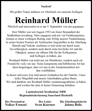 Traueranzeige von Reinhard Müller von Westfalen Blatt