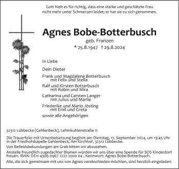 Traueranzeige von Agnes Bobe-Botterbusch von Westfalen Blatt