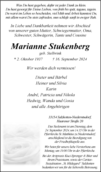 Traueranzeige von Marianne Stukenberg von Westfalen Blatt