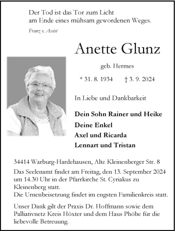 Traueranzeige von Anette Glunz von Westfalen Blatt