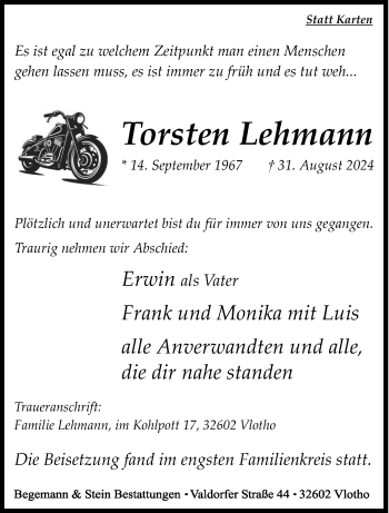 Traueranzeige von Torsten Lehmann von Westfalen Blatt