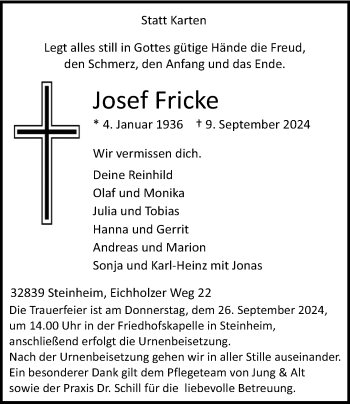 Traueranzeige von Josef Fricke von Westfalen Blatt