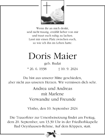 Traueranzeige von Doris Maier von Westfalen Blatt