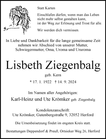 Traueranzeige von Lisbeth Ziegenbalg von Westfalen Blatt